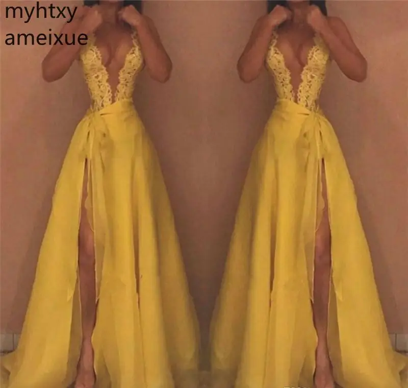 Горячая Распродажа высокое качество желтые вечерние платья с глубоким V образным
