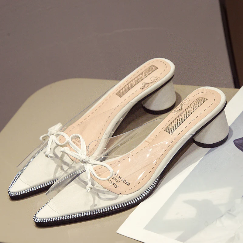 Шлепанцы на высоком каблуке женская обувь с острым носком прозрачная из ПВХ