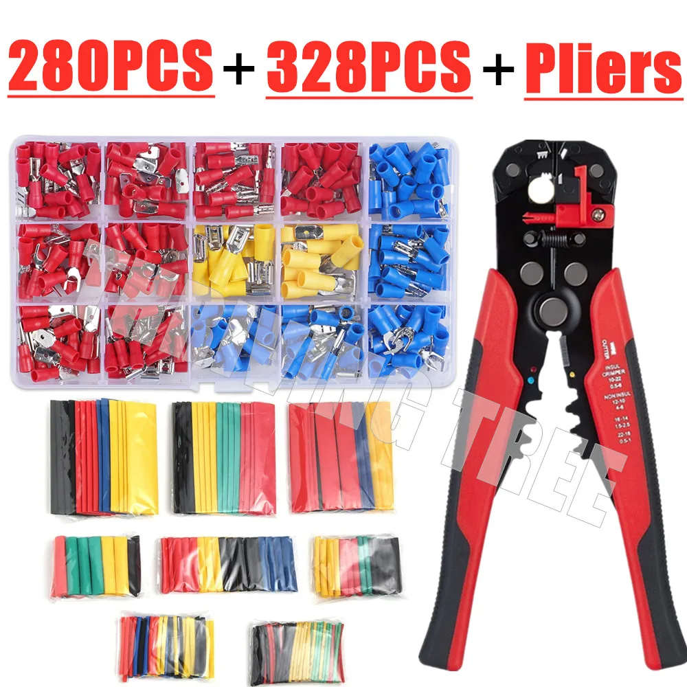 

328/280PCS Insulated Spade Butt Ring Fork Ring Lugs Rolled Cable Terminals Electrical Crimp Connector + Wire Stripper Plier