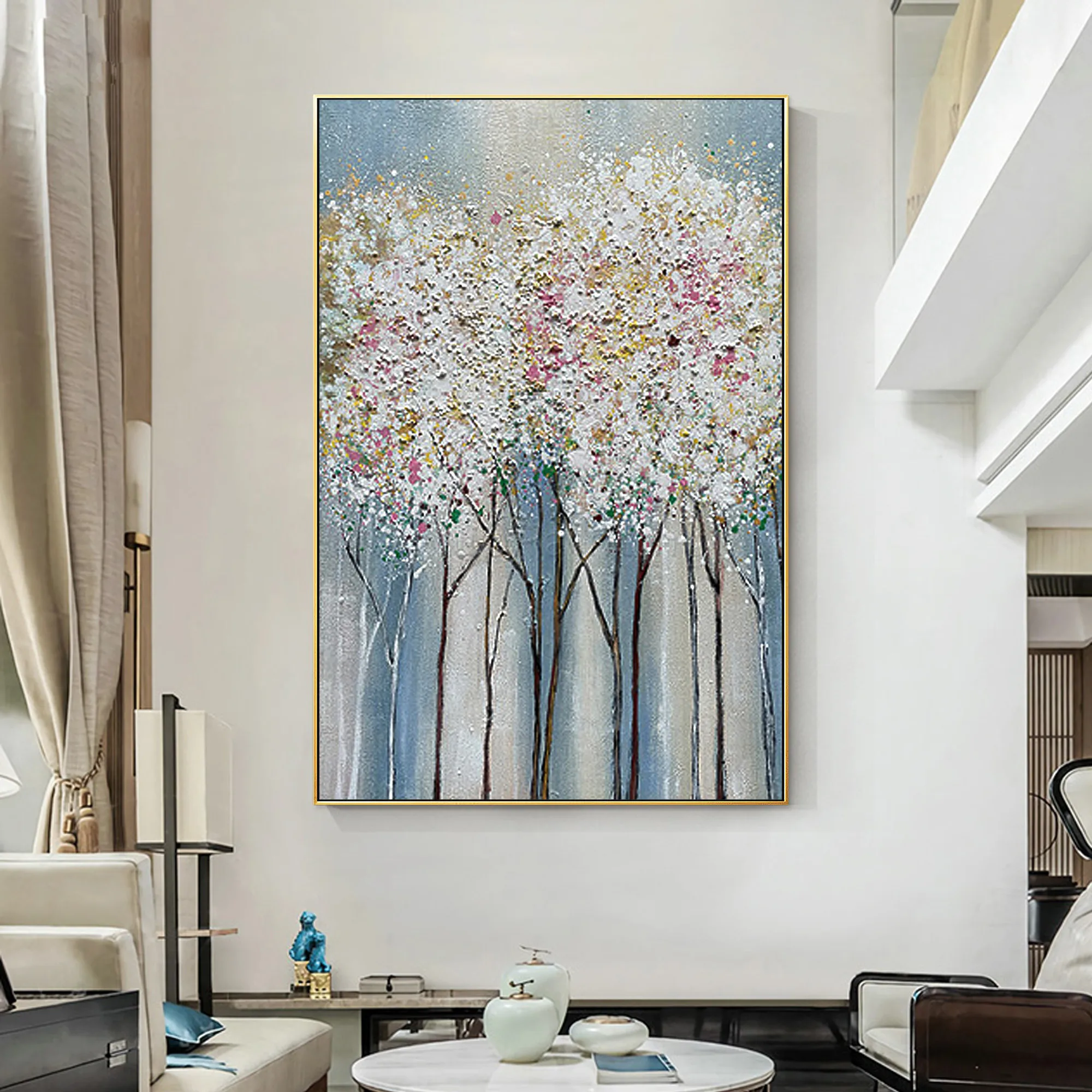 Goedkoop Grote Abstract Hand Geschilderd Landschap Tree Wall Art Foto Acryl Textuur Canvas Wit Olieverf Woonkamer Home Decor