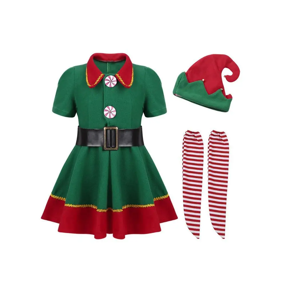 Праздничный Рождественский костюм Санта Клауса зеленого эльфа для девочек и
