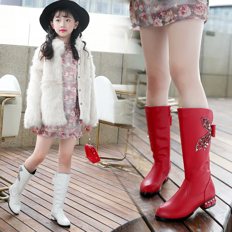 Сапоги до колена для девочек сапоги на низком каблуке с бантом принцесс детские