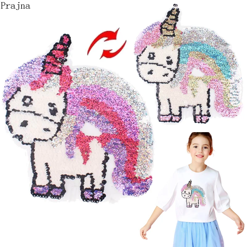 Prajna вышитая блесток обратимая нашивка Единорог блестящие патчи для одежды на