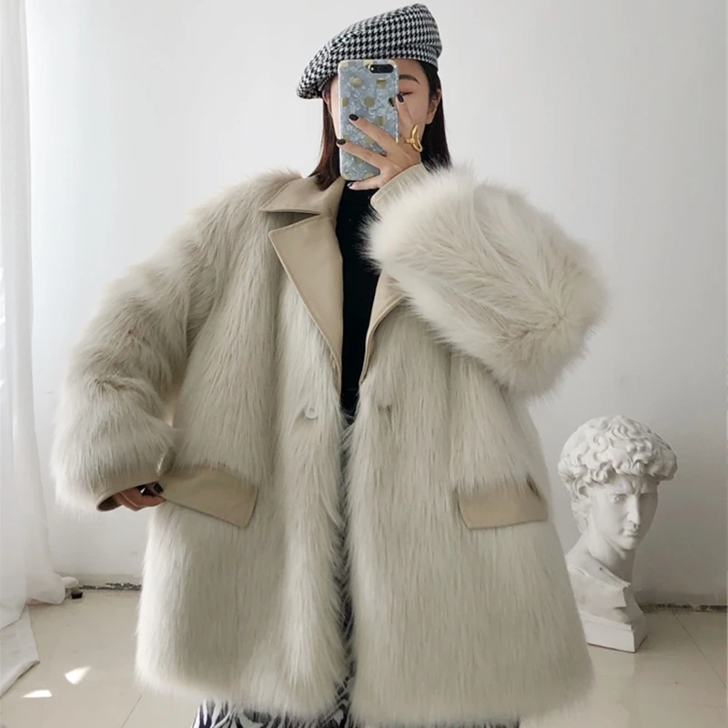 Fur V-Neck Fashon Coat Women Fluffy Warm Long Sleeve Female Outerwear Autumn Winter Jacket Collarless Overcoat | Женская одежда
