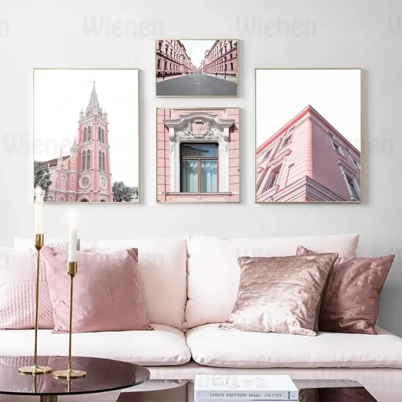 

Scandinavian Pink Landscape Canvas Painting Church Street Building Quotes Wall Art Poster Nordic Print Modern Picture Home Decor