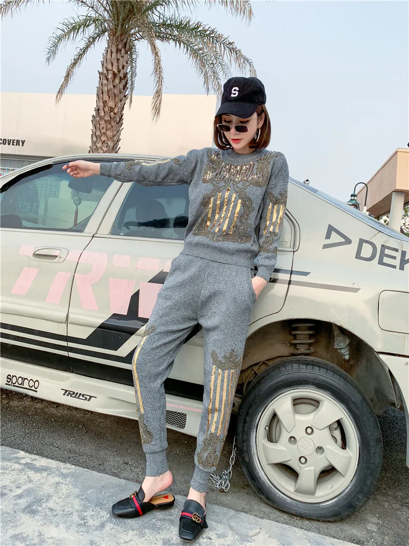 

2 piece set Women Handmade Beading Sequined Pattern Knitted Jumper Sweaters+Pants 2PCS matching Sets Casual Tracksuits