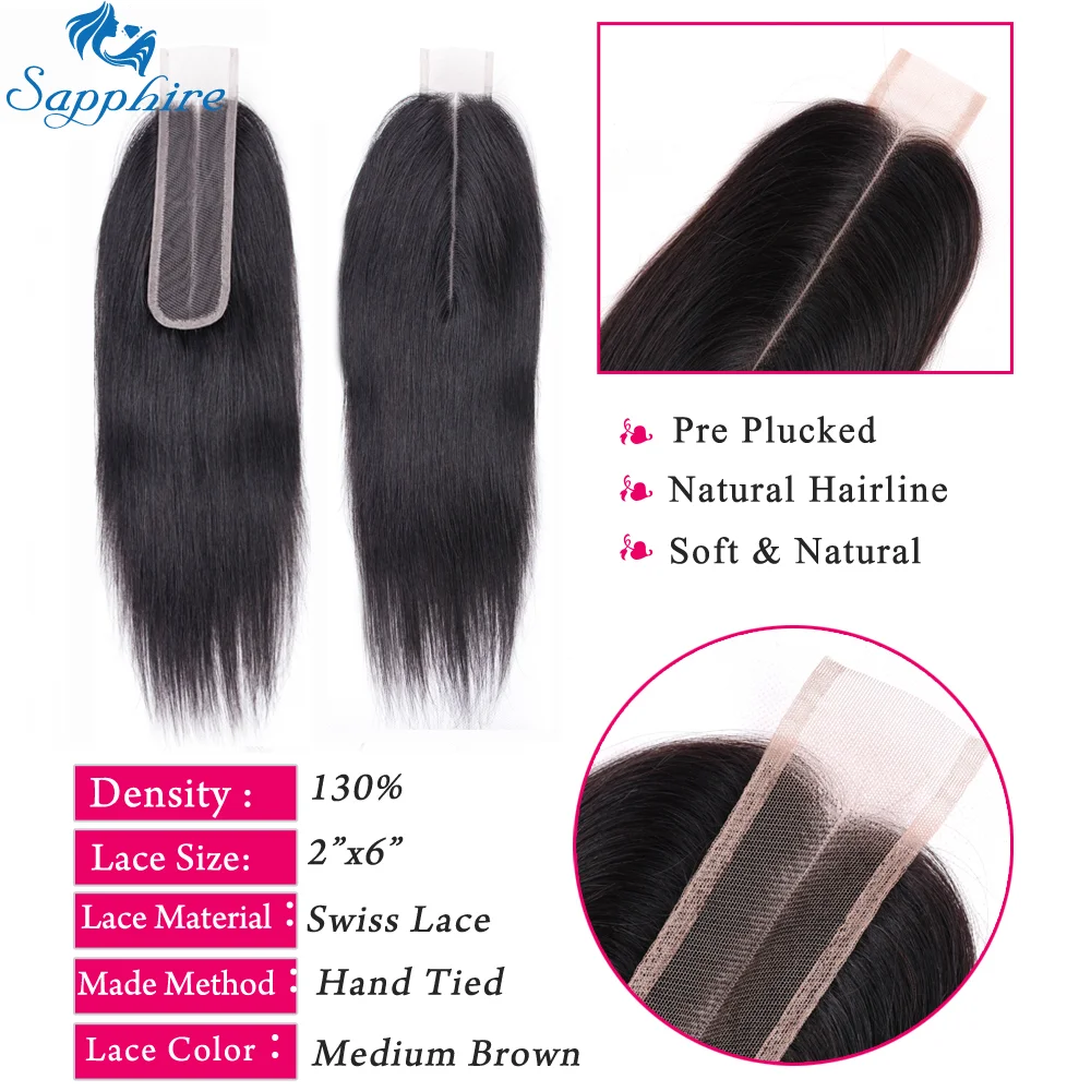 

Sapphire Straight Hair Extensions Brazilian Hair Weave Bundles With Closure Human Hair Bundles With 2*6 Lace Closure Middle Part