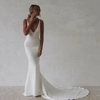 Женское атласное платье с юбкой-годе, эластичное платье с открытой спиной, глубоким V-образным вырезом и длинным шлейфом, сексуальное платье невесты на бретелях-спагетти, 2021