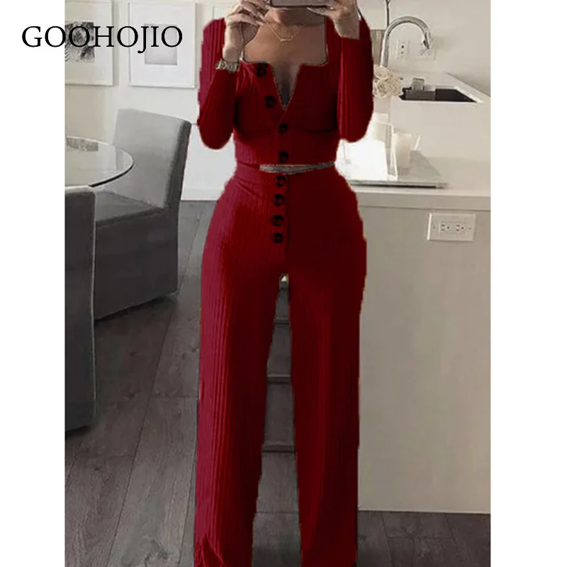 

GOOHOJIO 2021 New Spring Autumn Knitting Suit Women Wide Leg Pants Leisure Two-piece Suits Ladies Cardigan Clothing Women Suits
