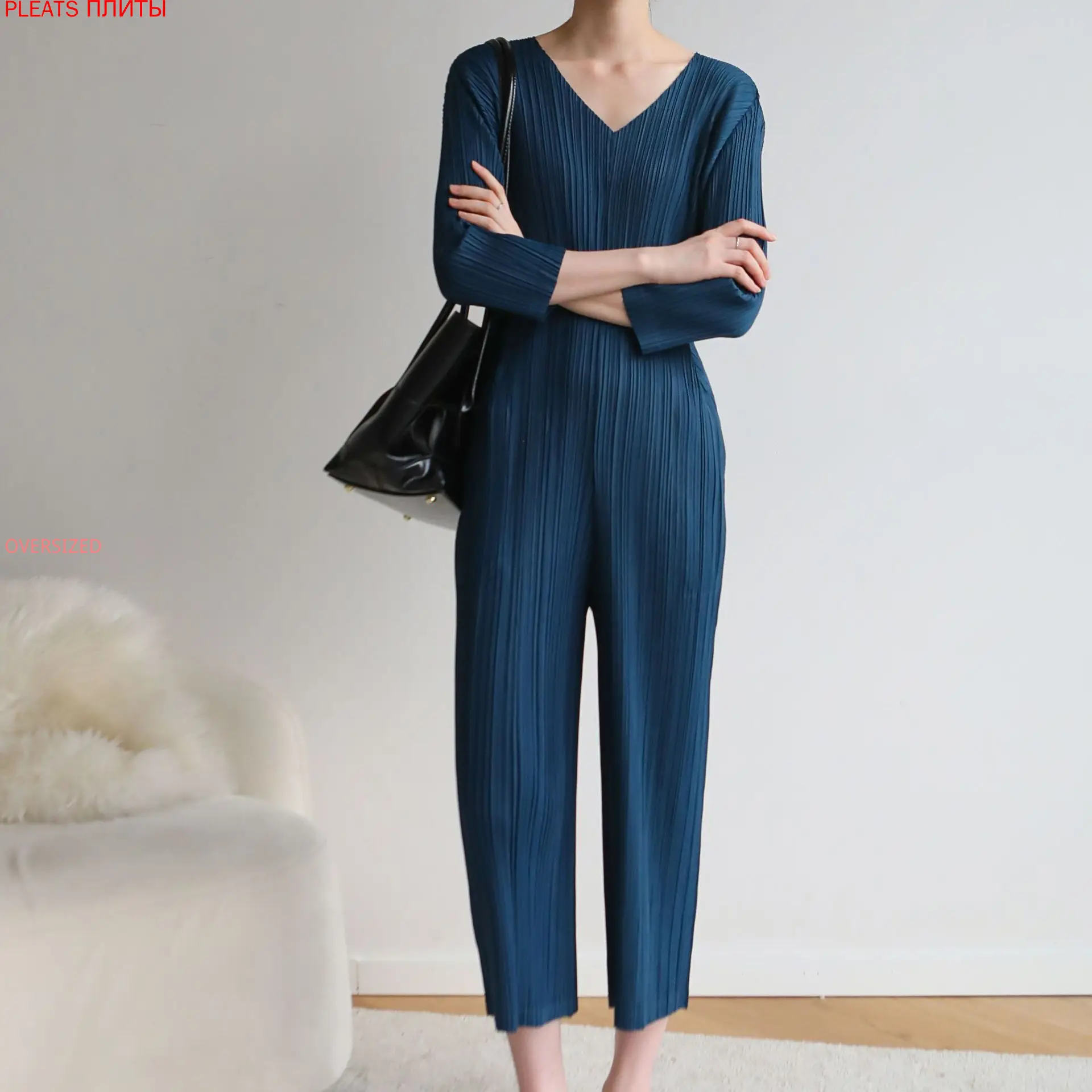 Autumn Style Ins Miyake Folds New V-neck Large Size Slimming Thin Section Seven-point Sleeve Jumpsuit Pleats Bodysuit Jumpsuit