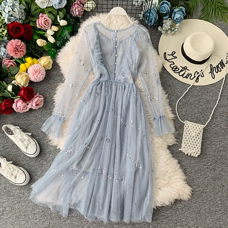 Женское блестящее платье миди Young Gee синее Сетчатое с длинным рукавом и блестками