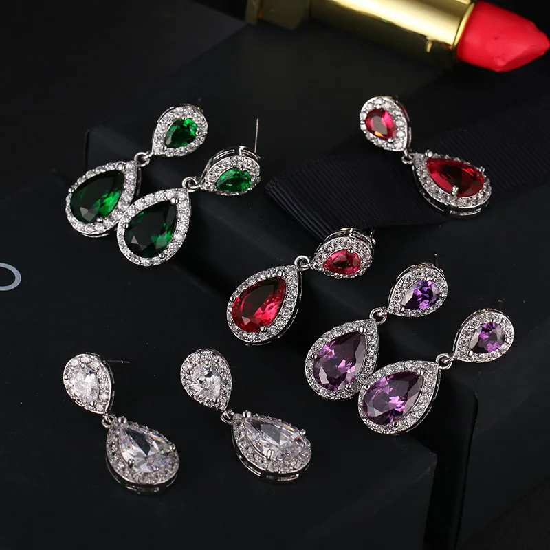 925 Sterling Silver Female Luxury Earring Purple Green Red & White Crystal Wedding Trend Excellent Jewelry Earring for Women