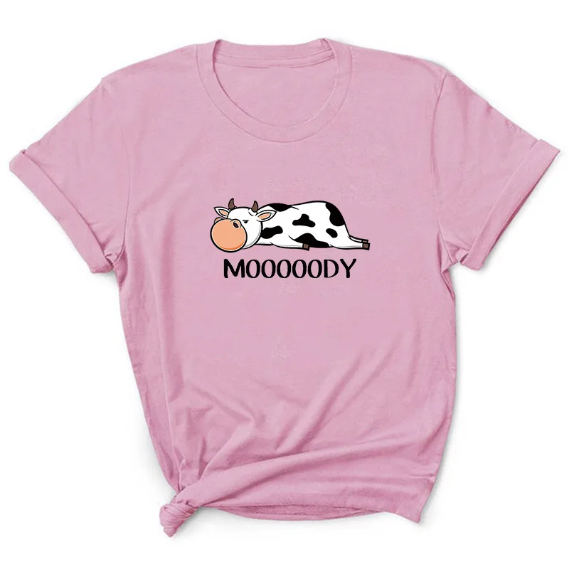 

Creative 2021 Women's T Shirt Cute Cow Print Funny Short Sleeve Trendy Fashion Casual Female Letters Round Neck Cartoon Tops