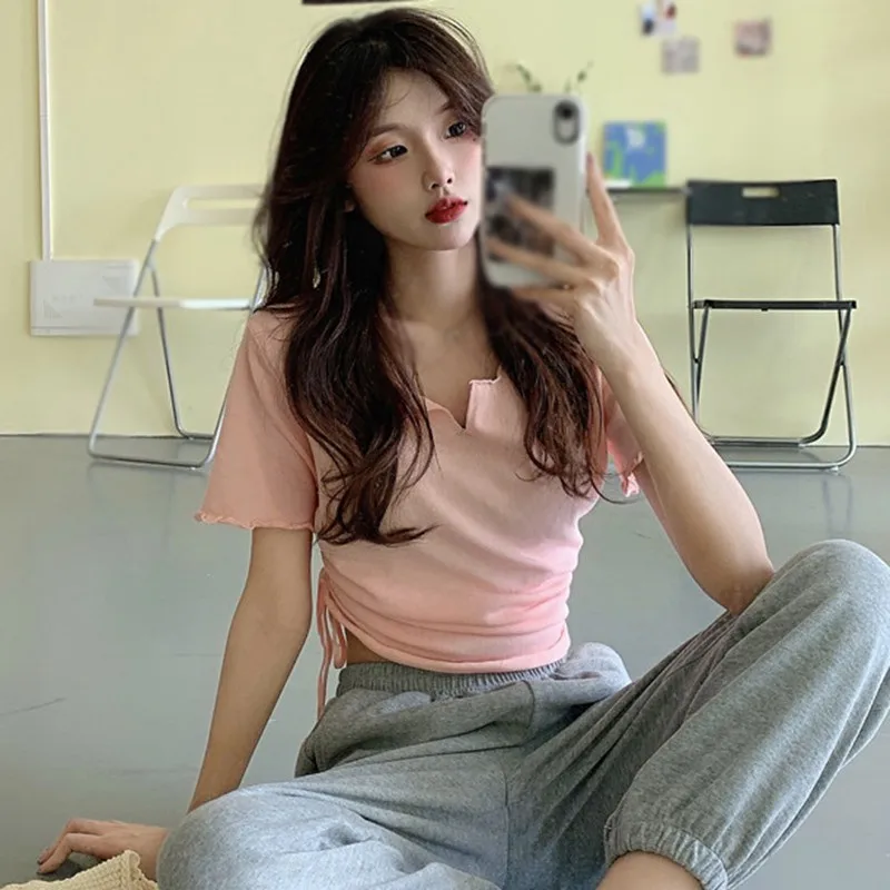 

Женская модная облегающая однотонная летняя футболка с коротким рукавом и V-образным вырезом