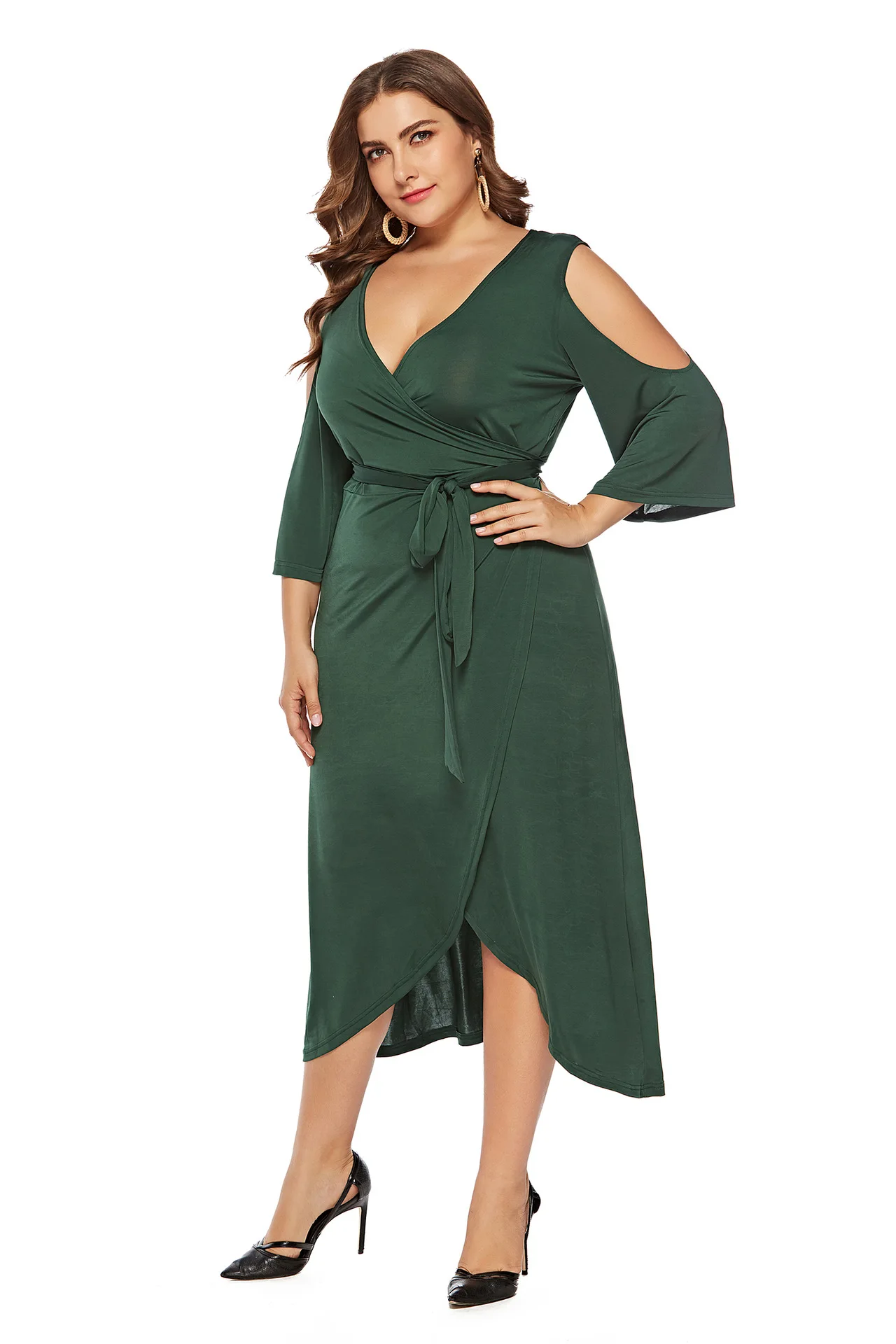 

Plus Size 6XL Women Vintage Solid Color Summer Dress Elegant Irregular V Neck Midi Vestidos 2021 Vintage Casual Sundress C238