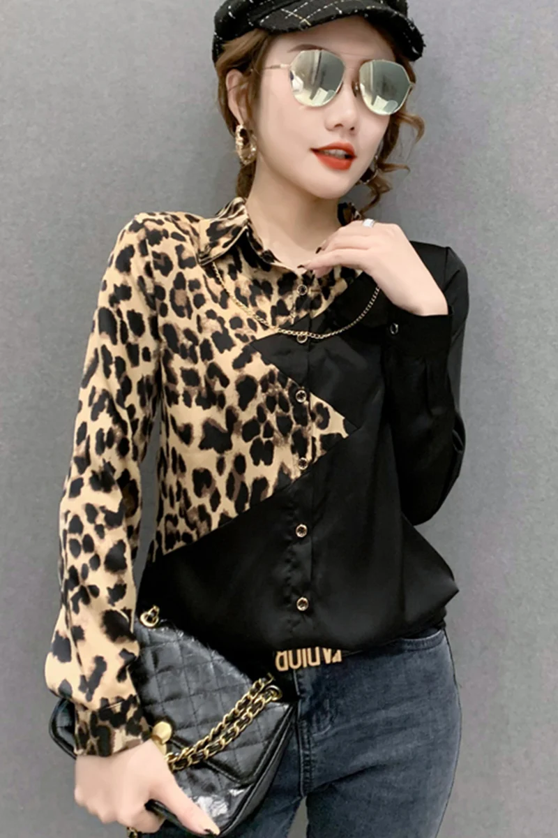 

Houthion Chiffon Slim Women's Blouses Leopard splicing Polo Collar Shirts Summer New Casual Blouse Fashion Long Sleeve Tops