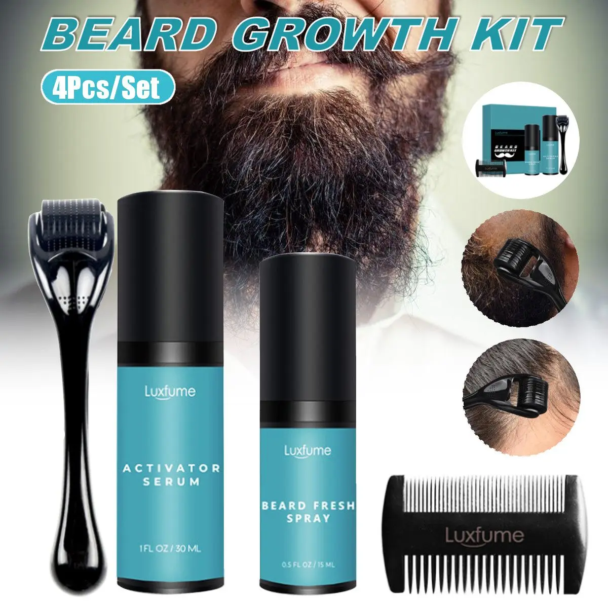 

4 Pcs/set Men Beard Growth Kit Hair Growth Enhancer Facial Beard Care Brush Set Product Best Gift for Men Beard Grow Spray Set