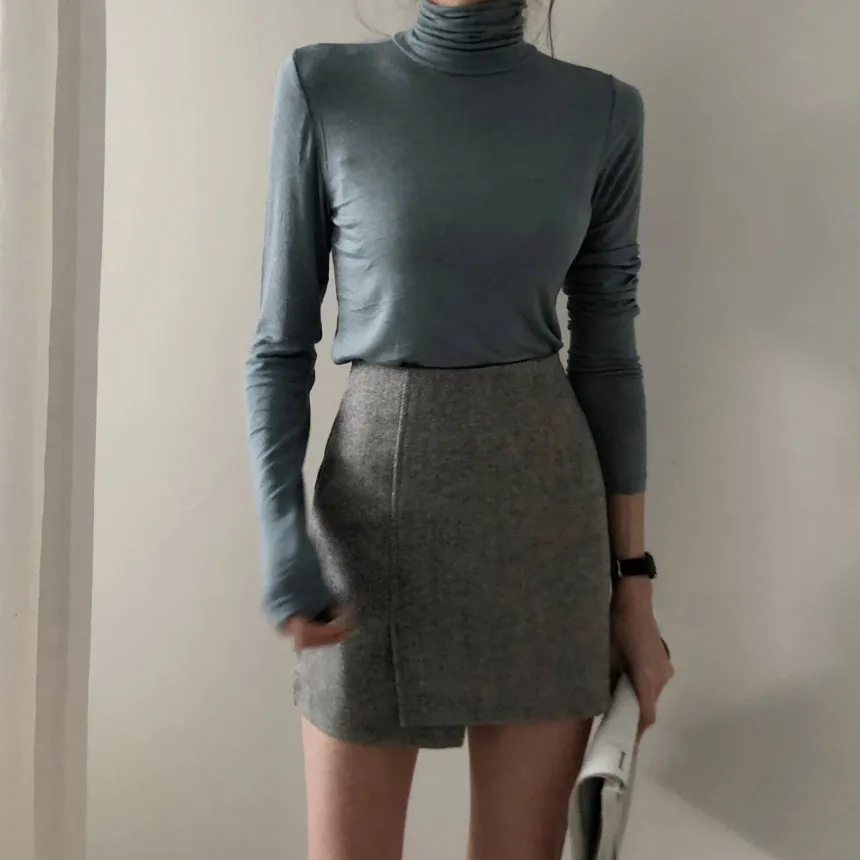 Темпераментные зимние базовые Топы женские с длинным рукавом облегающие