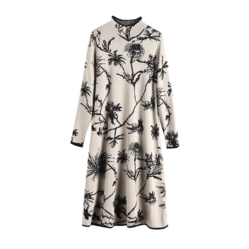 

New Winter Vintage Print Black Plus Size Knitted Sweater Dress Autumn Women Elegant Bodycon Pullovers Casual Turtleneck Sweaters