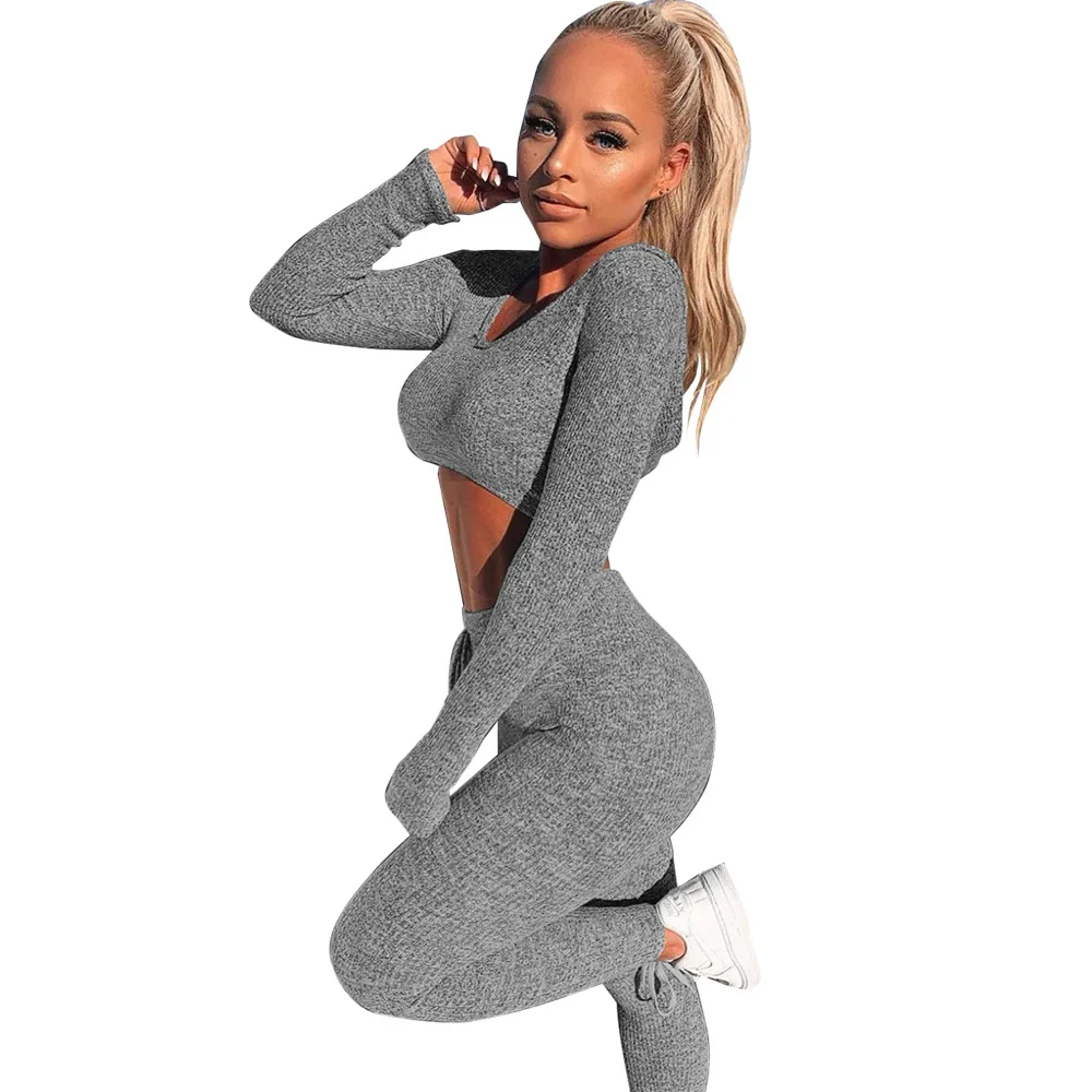 

Donsignet Women's Suit New Fashion Sexy V-neck Long-sleeved Short Two-piece Suit Elastic Waist Casual Women's Clothing