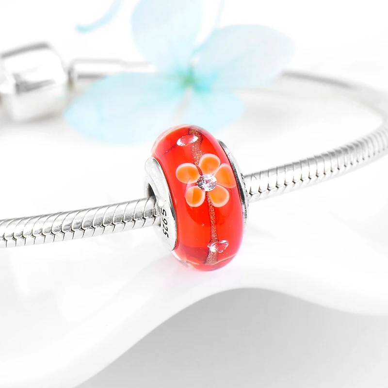 Женские браслеты-шармы оранжевые красные муранские с кристаллами в форме цветка