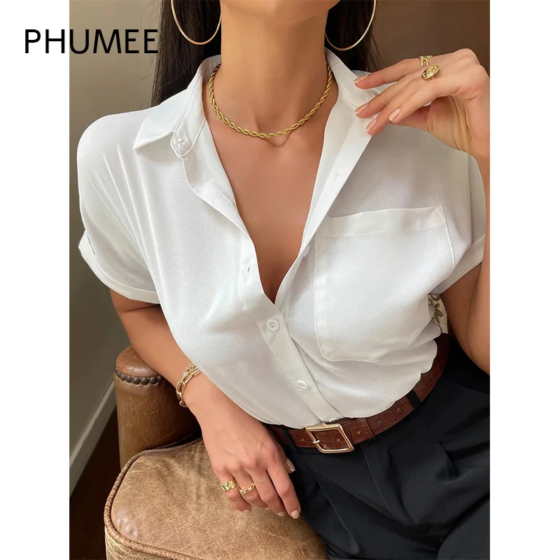 

Women Summer Casual White Solid Buttoned Pocket Front Blouse Office Lady Batwing Short Sleeve Elegant Shirts Basic Top Clothes