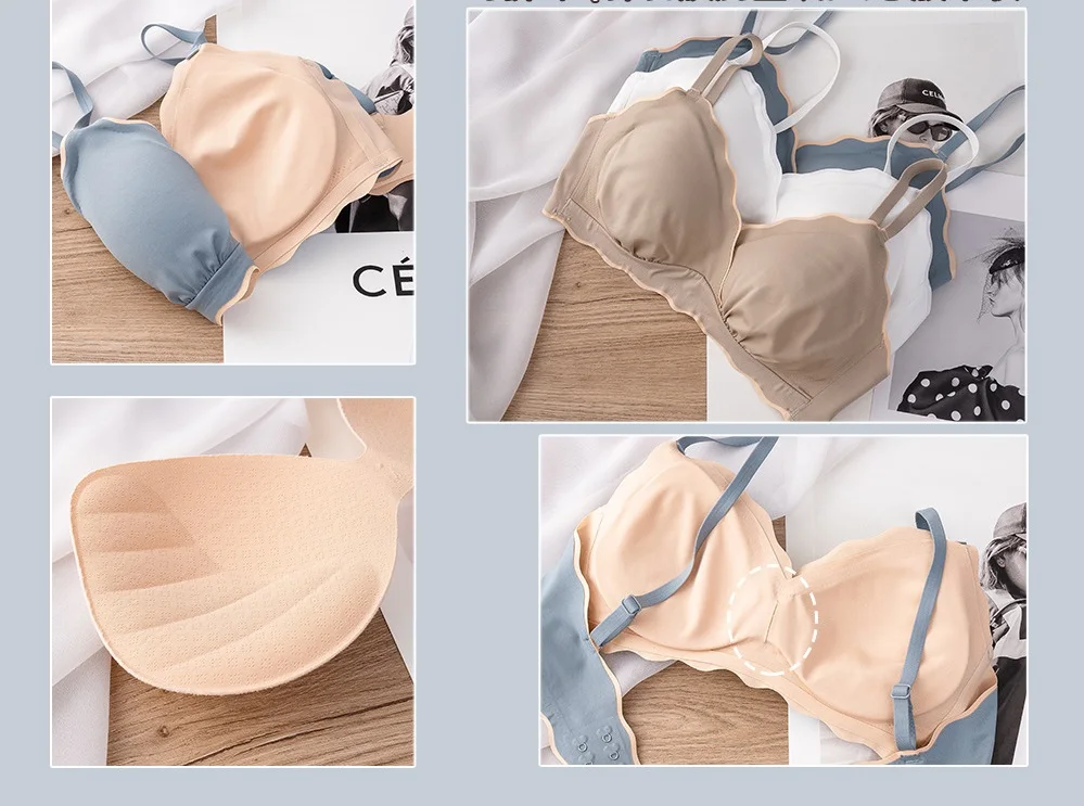 Seamless insert type thin no rimless underwear adjust breathable upper support nude photosensitive surface bra and panties images - 6