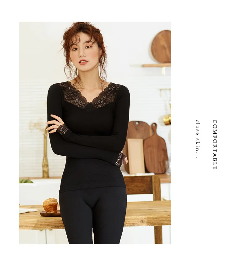 Новые сексуальные кружевные кальсоны с v-образным вырезом для тела, женские тонкие комплекты термобелья, осенне-зимние теплые пижамы, Пижамный костюм