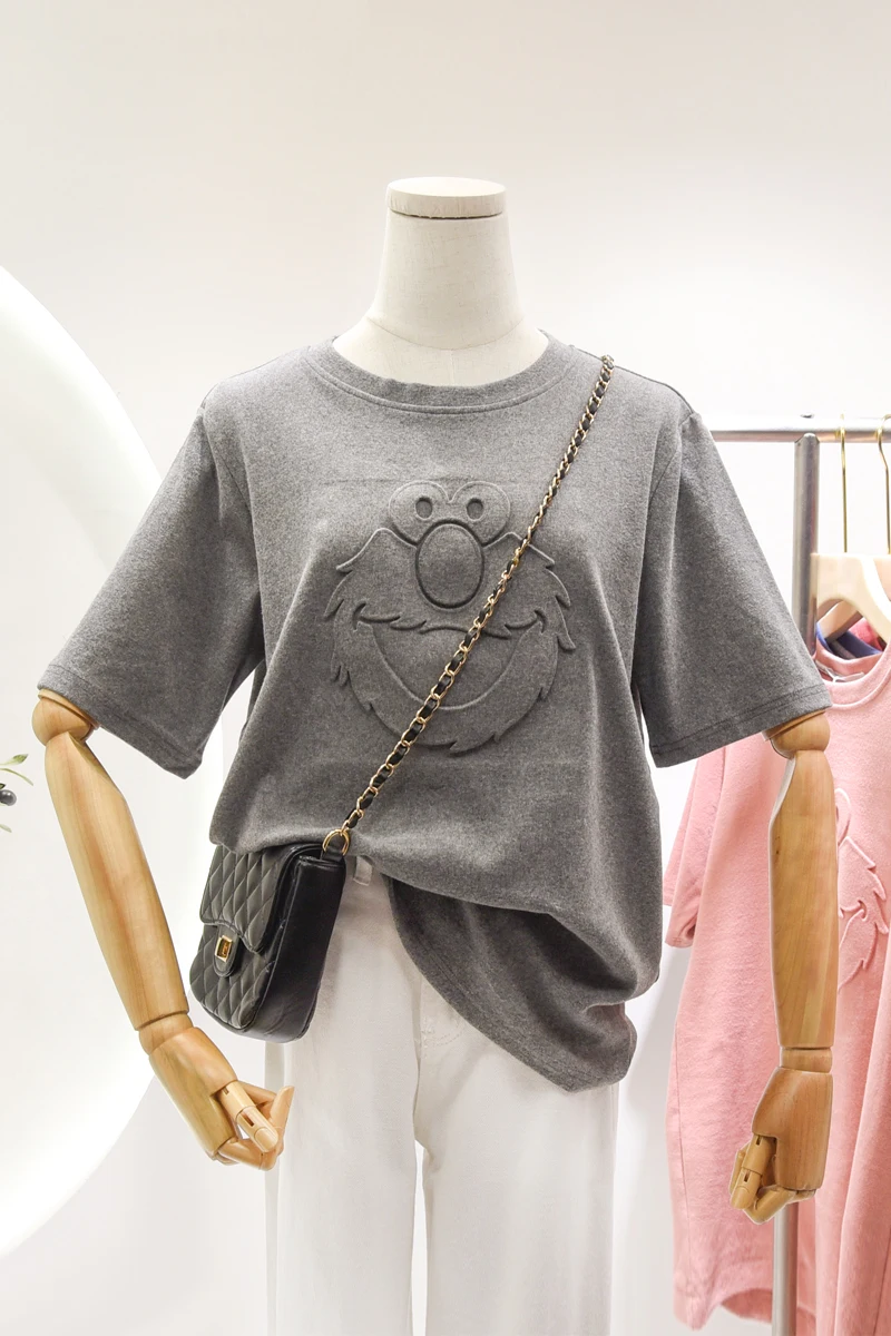 

Korean Spring Cartoon round Neck Thickened Brushed T-shirt Women's Short-Sleeved Korean-Style Loose Bottoming Shirt Tops