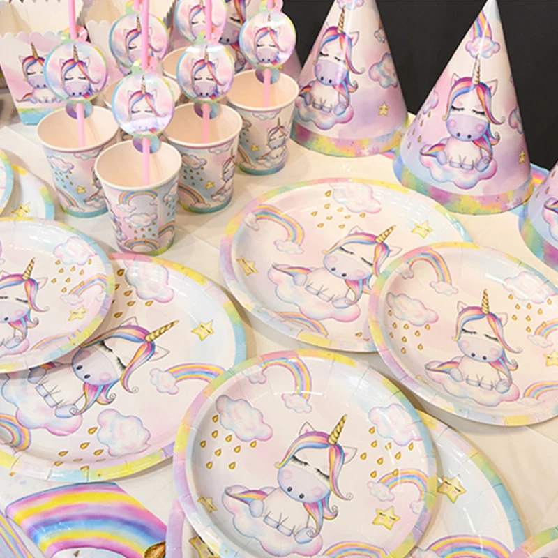 Vajilla desechable de unicornio para ni&ntilde;as,cumplea&ntilde;os unicornio ni&ntilde;a,pi&ntilde;ata unicornio, servilletas de pl&aacute;stico, platos de papel, decoraciones para fiesta de cumplea&ntilde;os-0