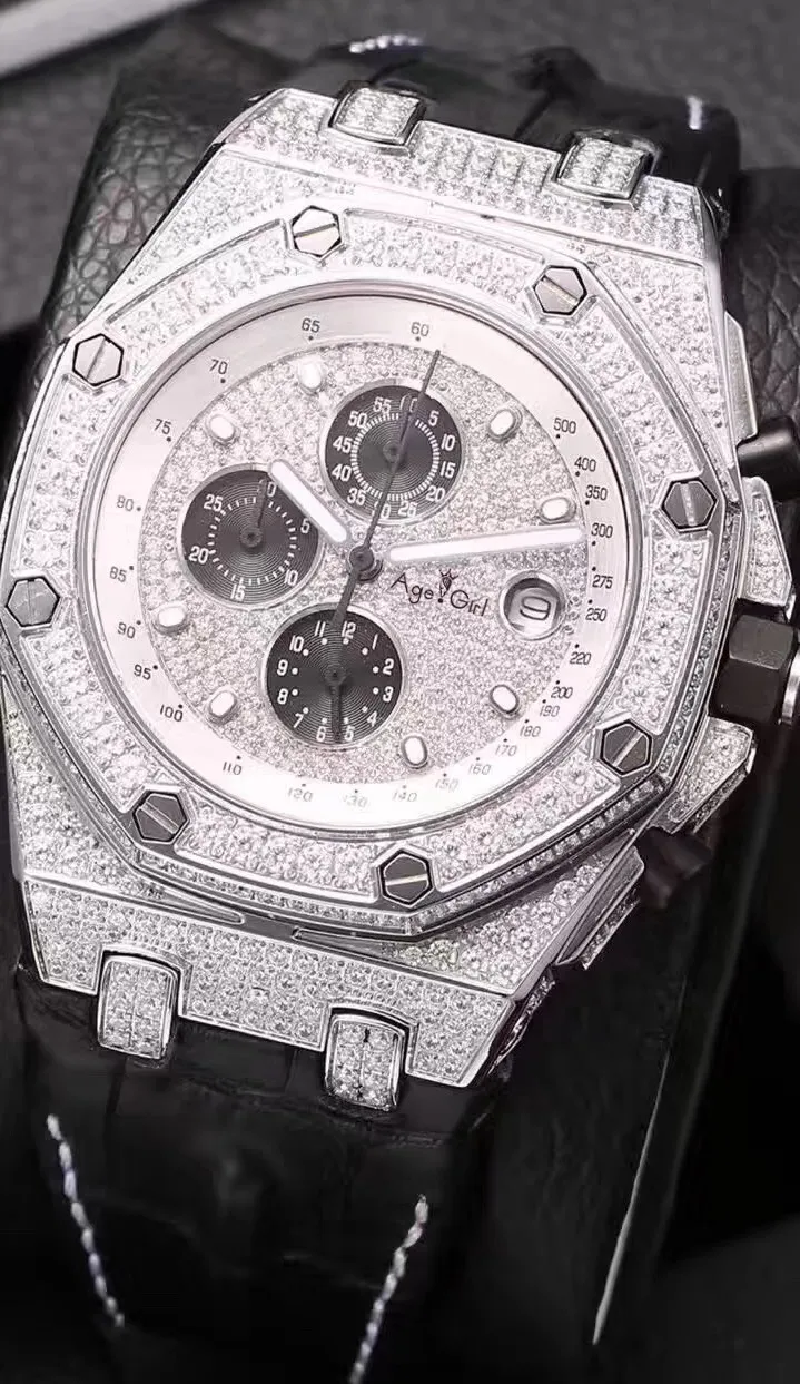 

Classic New Men Watches Chronograph Sapphire Stainless Steel Yellow Gold Luminous Black Brown Leather Full Iced Diamond AAA