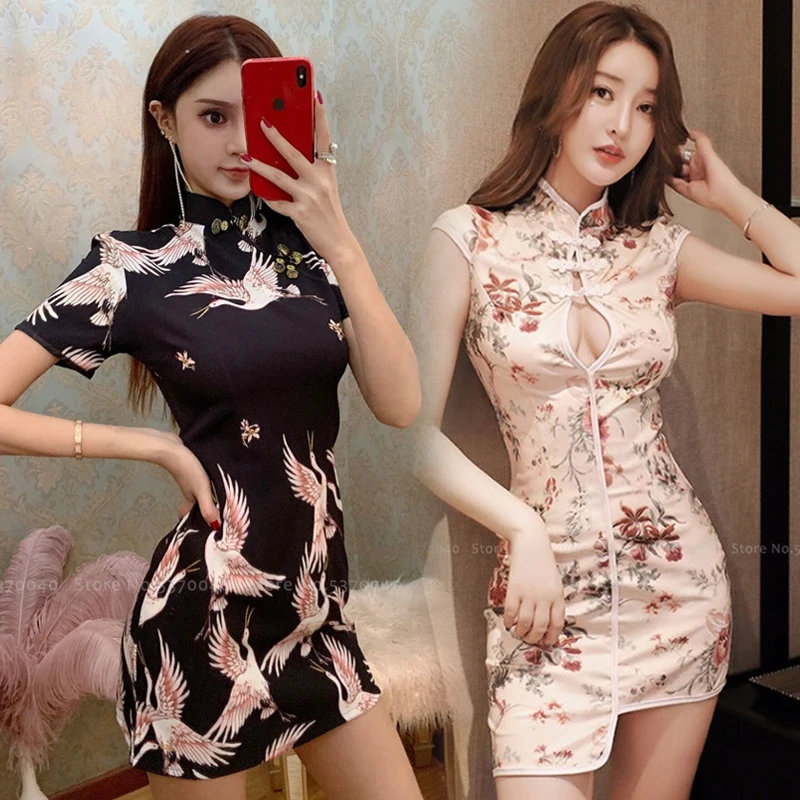 

Chinese Traditional Dress for Women Crane Printed Retro Sexy Cheongsam Elegant Slim Skirts Qipao Banquet Hanfu Nightclub Dresses