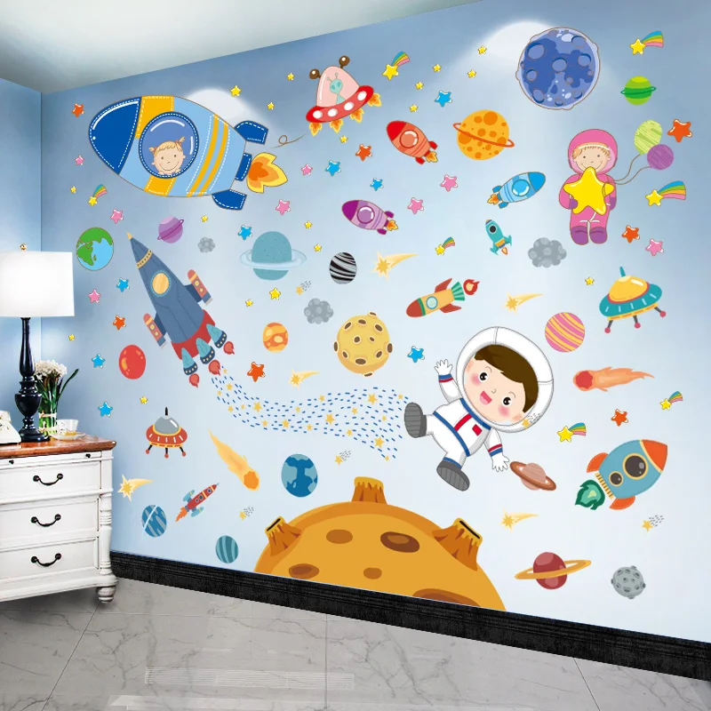 

[shijuekongjian] Outer Space Wall Stickers Vinyl DIY Planets Rockets Wall Decals for Kids Rooms Baby Bedroom House Decoration