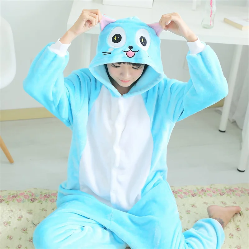Anime FAIRY TAIL Kigurumi Happy Cat Pajamas Jumpsuits Winter Flannel Plush Adult Cartoon Cosplay Costume