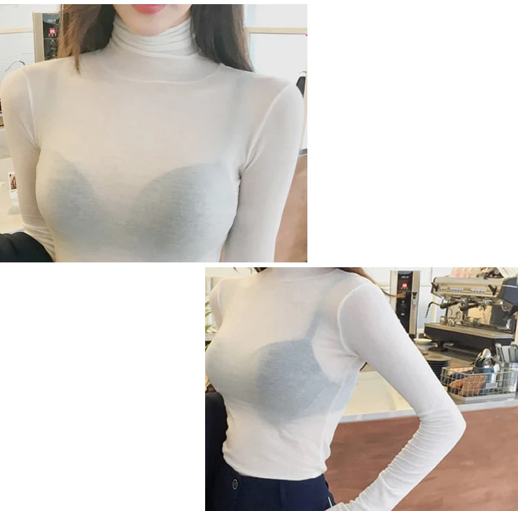 

Winter Black Turtleneck Solid Brief Women Cloth Sheath Long Sleeved See Through Sexy T-Shirts