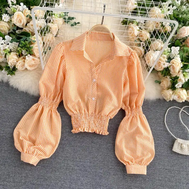 Дизайнерские клетчатые рубашки с отворотами на талии облегающие длинным рукавом