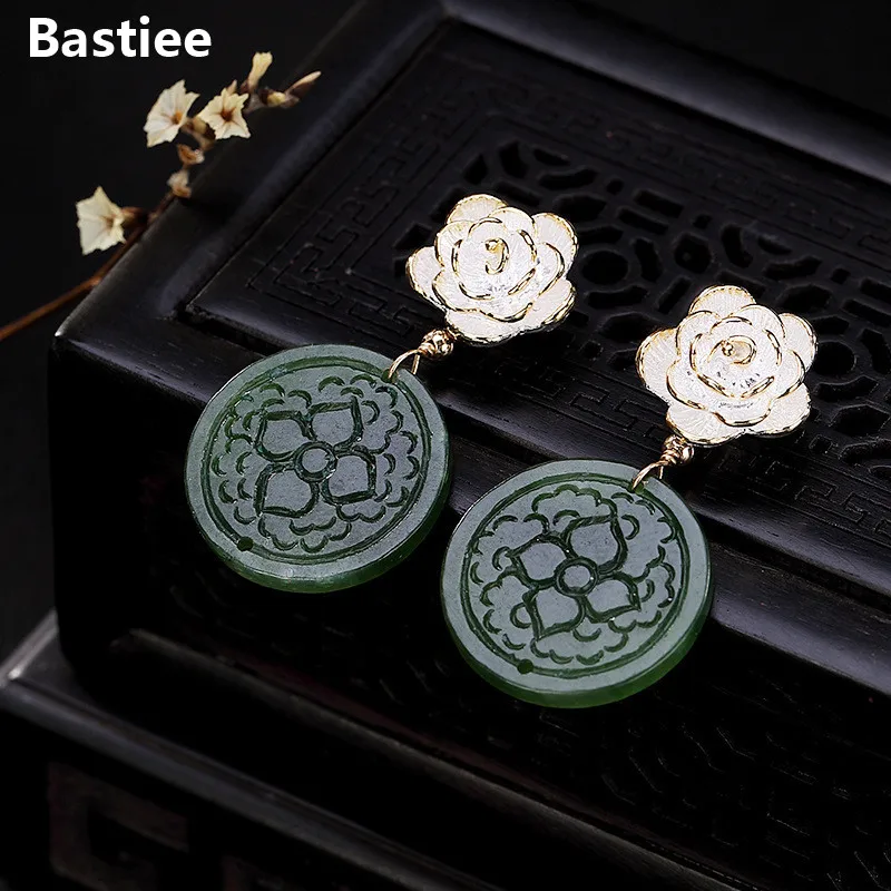 

Bastiee Jasper Drop Earrings For Women Dangle Earings Silver 925 Jewelry Rose Flower Round Chinese Vintage Ethnic