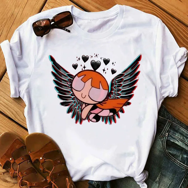 

2021 Powerpuff Girls White printed T-shirt Kawaii Women Harajuku Cartoon Tops Summer fashion cute Tee women T-shirts Clothing