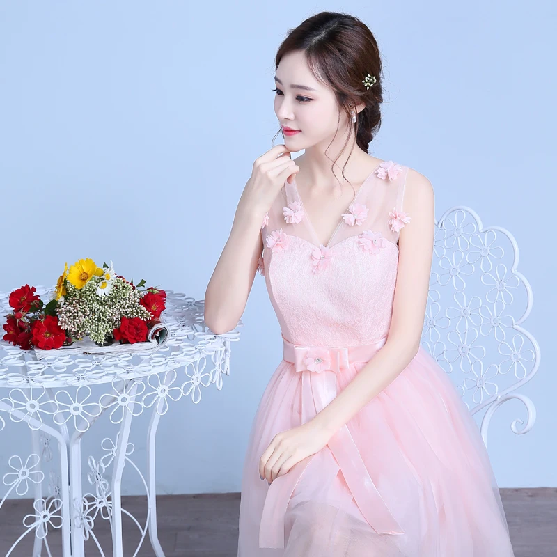 Розовое платье подружки невесты элегантное короткое для гостей свадебное женщин