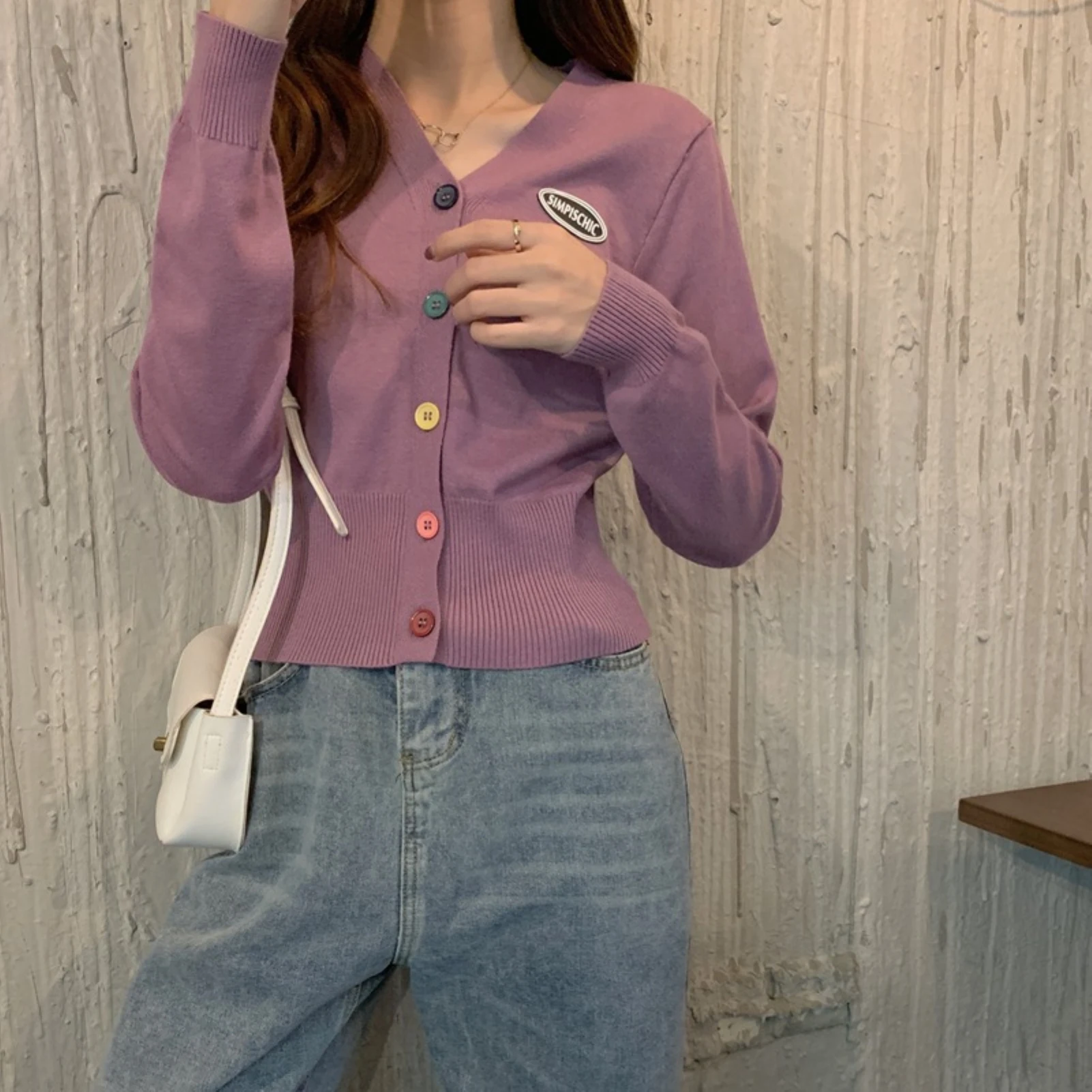 

Autumn Women Casual Coat Long Sleeve V Neck Single-breasted Sweater Short Slim Knit Coat One Size