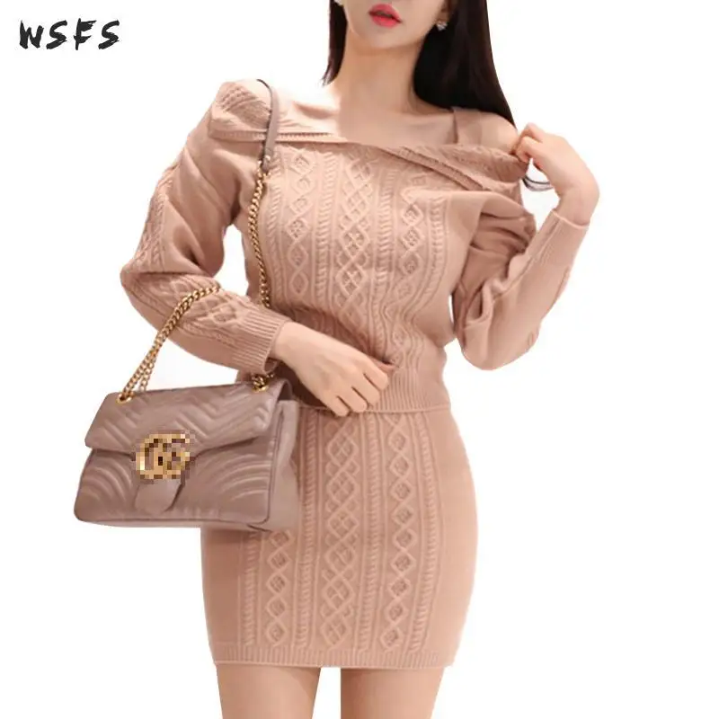 Комплект из 2 предметов зимнее женское платье вязаный свитер винтажные платья