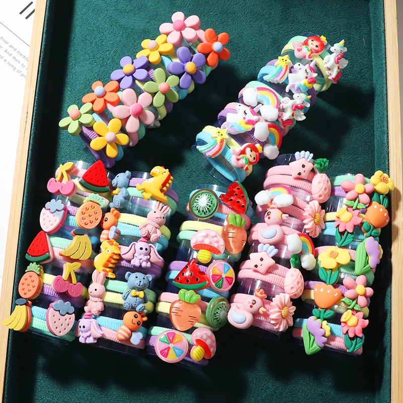 

10PCS/Set Girls Cute Hair bands Rainbow Cartoon Character Fruits Flower Headwear Rubber Band Elastic Girl Sweet Hair Accessories
