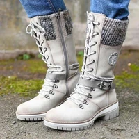 fashion brand winter mid calf boots women round toe square high heel snow boots lace up string warm shoes 2021 new