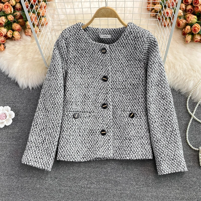 

YIZZHOY New Spring Autumn Round Neck Long Sleeve Fashion Coat Casual Single Breasted Slim Fit Short Knitted Sweater