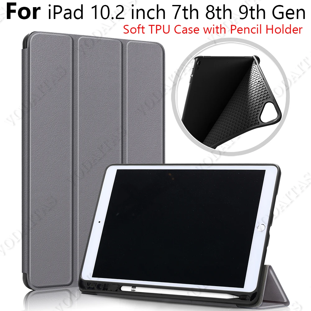 

for iPad 9th/8th/7th Generation Case with Pencil Holder Soft TPU Cover with Auto Wake/Sleep Tri-fold Stand for iPad 10.2 2021