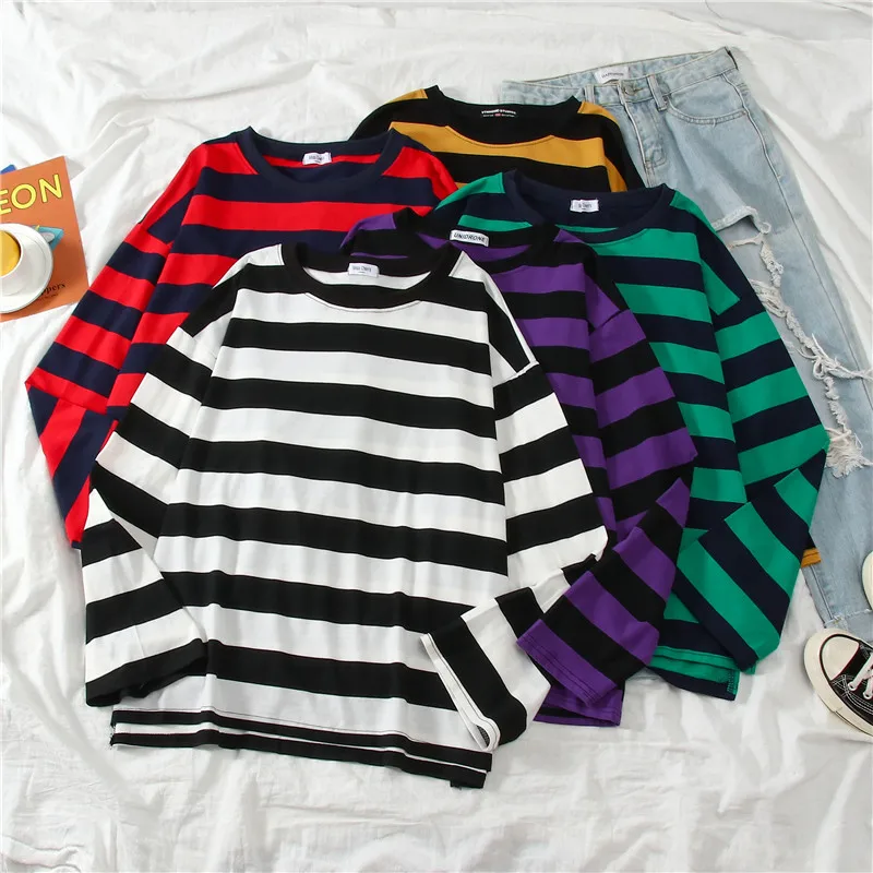Fives colors Women Cotton Purple Striped Tops Slim Fit t shirt Harajuku Tshirt Summer Long Sleeve Korean Feminina Tops