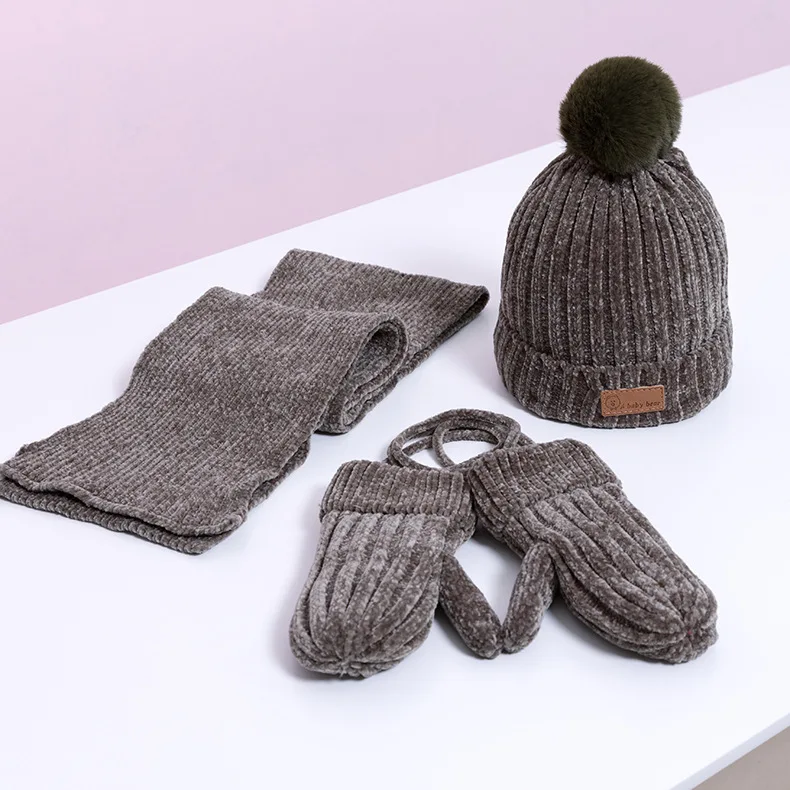Deep Gray 3Pcs 2 шт./3 шт./компл., детские наборы шарф Шапка Зимняя Теплая Бархатная шапка шарф перчатки для маленьких мальчиков и девочек, костюмы хлопковая шерсть Младенческая шапочка, шапки - Цвет: Deep Gray 3Pcs