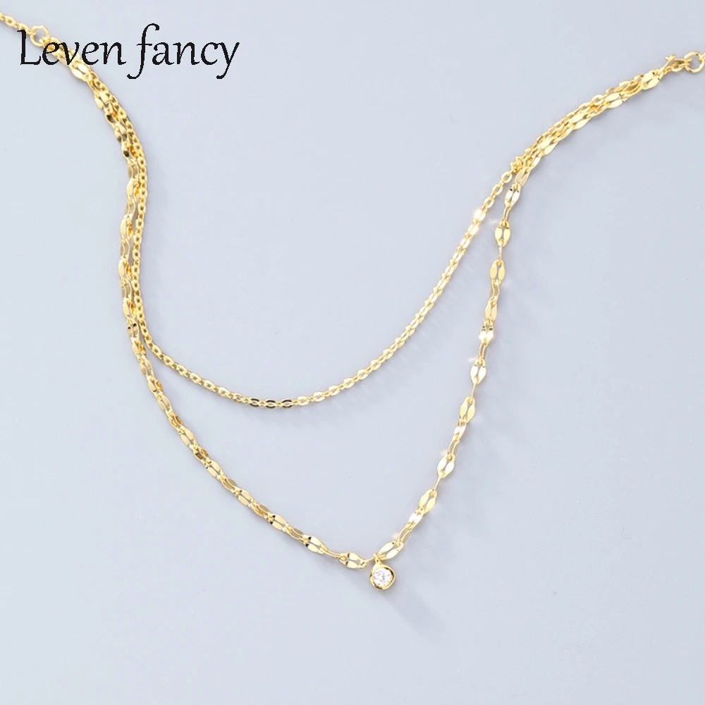 

18K Gold Over 925 Sterling Silver Chain Necklace Double Layer Sequin Zircon Pendant Choker Necklaces for Women Wedding Jewelry