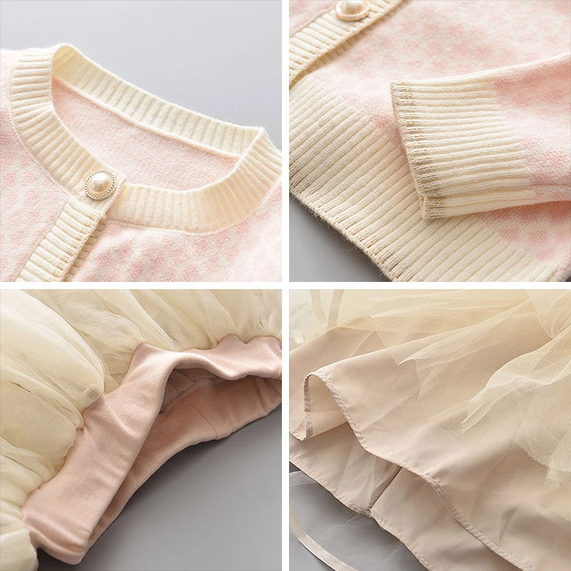 

2 Pcs Fall Girl Cupcake Dress Set, Round Neck Long Sleeve Pearl Button Knitting Cardigan, White Double Layer Gauze Bubble Skirt