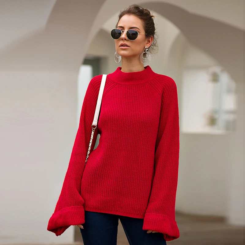 TWOTWINSTYLE однотонный Свободный вязаный женский свитер водолазка с расклешенными рукавами пуловеры негабаритные свитера женские осень
